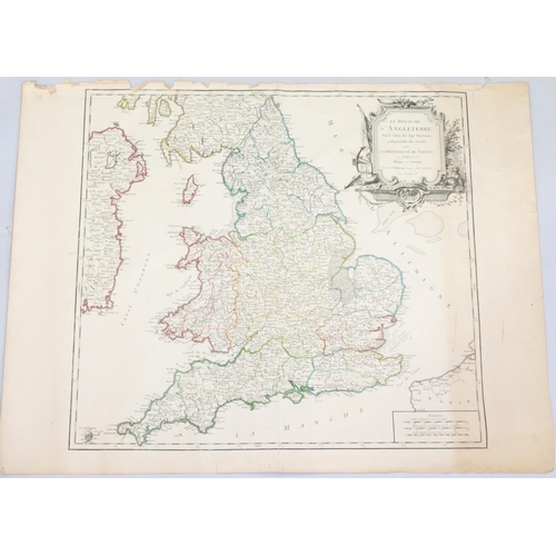 822 - An 18th Century hand-coloured Continental map of Great Britain (edges in need of restoration), 51.5c... 