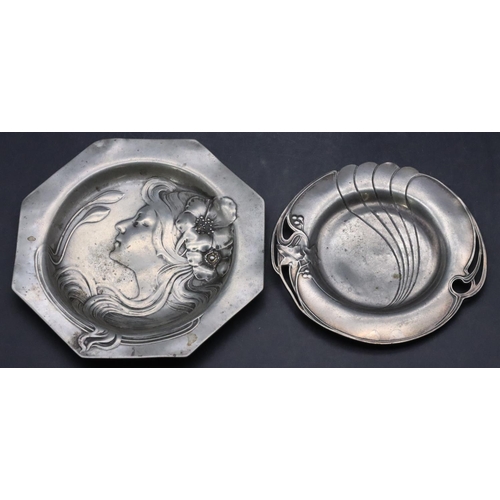 832 - An Art Nouveau pewter octagonal small dish having raised figurehead of a lady, 16cm wide and a simil... 