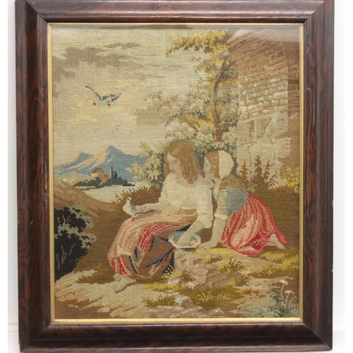 833 - A Woolwork picture depicting 2 seated girls with doves and river landscape with mountains in backgro... 