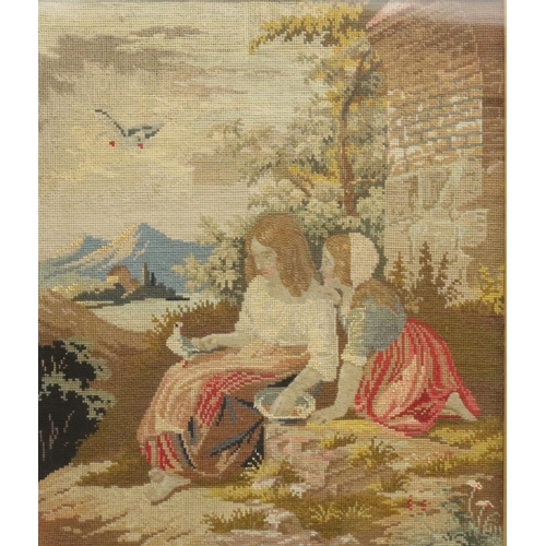 833 - A Woolwork picture depicting 2 seated girls with doves and river landscape with mountains in backgro... 