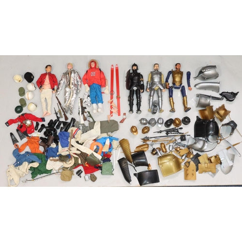 834 - 3 Palitoy Hasbro Action Man (1 arm missing), 3 various figures and a quantity of various clothing et... 