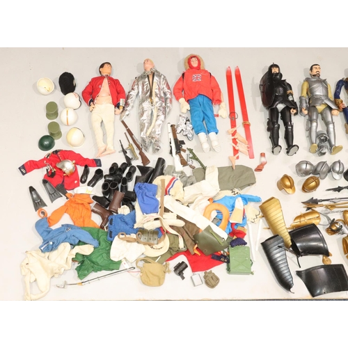 834 - 3 Palitoy Hasbro Action Man (1 arm missing), 3 various figures and a quantity of various clothing et... 