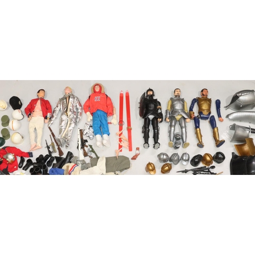 834 - 3 Palitoy Hasbro Action Man (1 arm missing), 3 various figures and a quantity of various clothing et... 