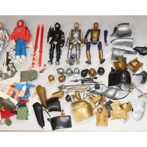 834 - 3 Palitoy Hasbro Action Man (1 arm missing), 3 various figures and a quantity of various clothing et... 