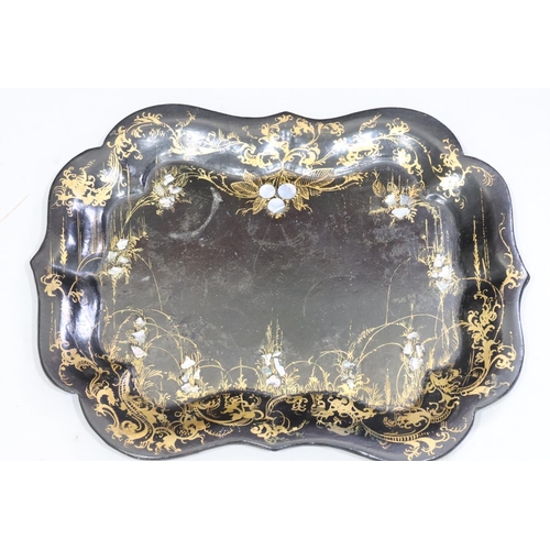 844 - A 19th Century rectangular scallop shaped Papier Mache tray with Mother of Pearl and allover gilt de... 