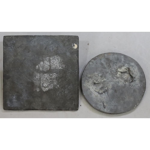 849 - A square lead sun dial with raised figure decoration, 21.5cm wide and a modern heavy leaf circular w... 