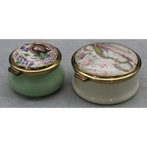 876 - 2 Leslie Creasey enamelled round bulbous shaped pill boxes depicting bird and bird's nest (both boxe... 