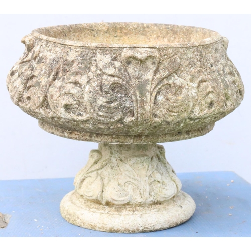 879 - A round bulbous shaped garden jardinière on separate bulbous base with raised leaf and scroll decora... 