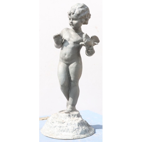 886 - A Bulbeck Foundry lead figure of a young child holding a bird, on round sweeping base, 57cm high, 21... 