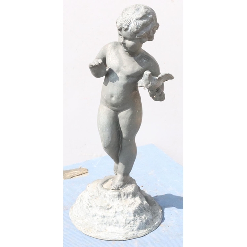 886 - A Bulbeck Foundry lead figure of a young child holding a bird, on round sweeping base, 57cm high, 21... 