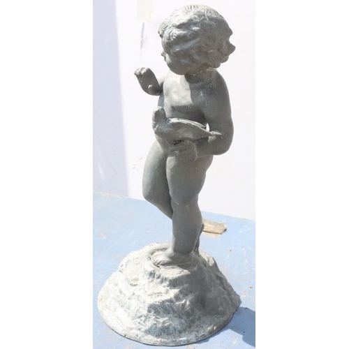 886 - A Bulbeck Foundry lead figure of a young child holding a bird, on round sweeping base, 57cm high, 21... 