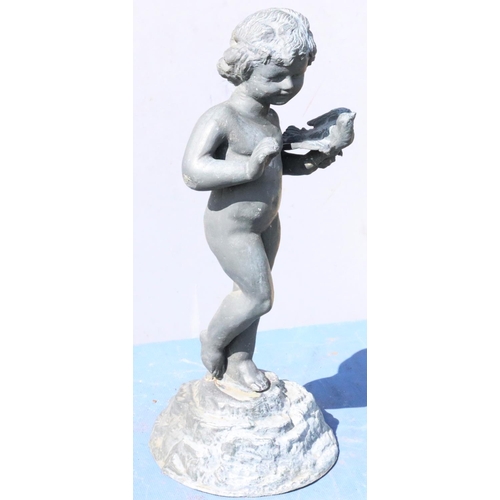 886 - A Bulbeck Foundry lead figure of a young child holding a bird, on round sweeping base, 57cm high, 21... 