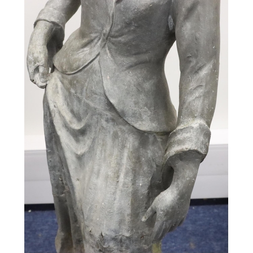 888 - A Bulbeck Foundry large lead figure of a standing lady on rectangular base, 106cm high