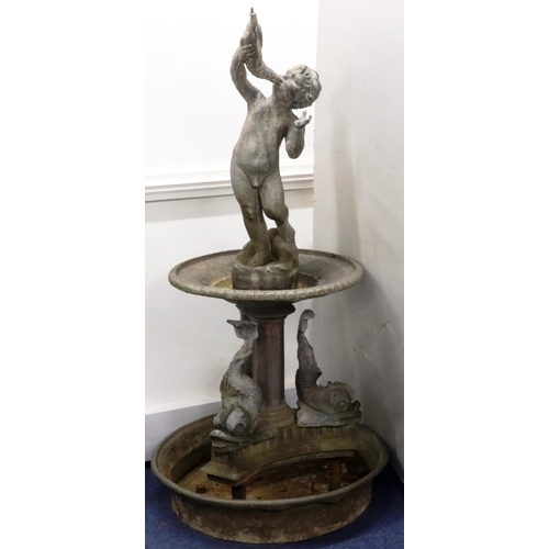 890 - A Bulbeck Foundry large garden fountain with young cupid blowing horn, on circular surround and supp... 