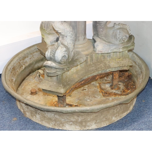 890 - A Bulbeck Foundry large garden fountain with young cupid blowing horn, on circular surround and supp... 