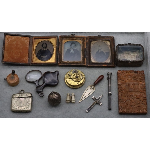 895 - A miniature tape measure in the form of a fishing reel, a small brass trinket box with bevelled glas... 