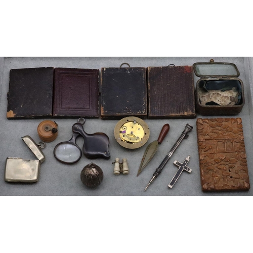 895 - A miniature tape measure in the form of a fishing reel, a small brass trinket box with bevelled glas... 