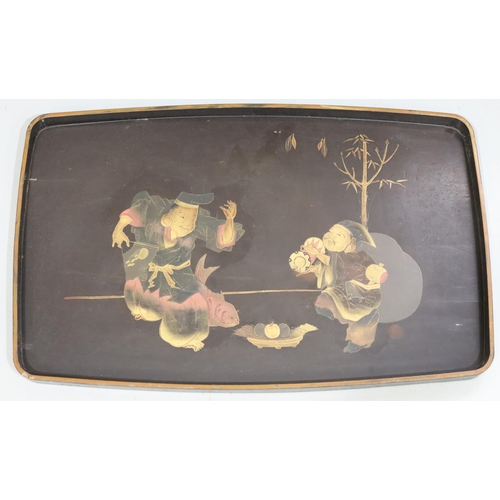 896 - An Oriental lacquered rectangular shaped tray with coloured figure decoration, 73cm wide