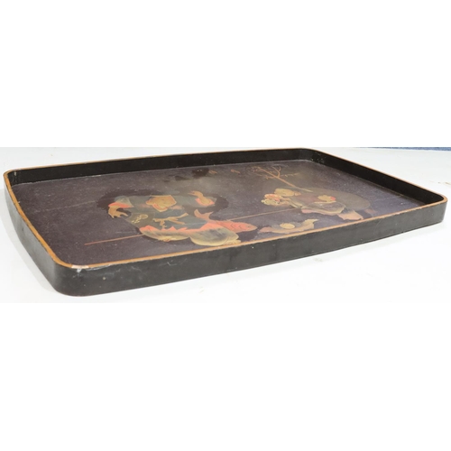 896 - An Oriental lacquered rectangular shaped tray with coloured figure decoration, 73cm wide