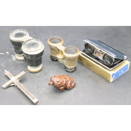 898 - A carved wooden model of a frog, a metal and wooden crucifix and 3 pairs of opera glasses (1 with po... 