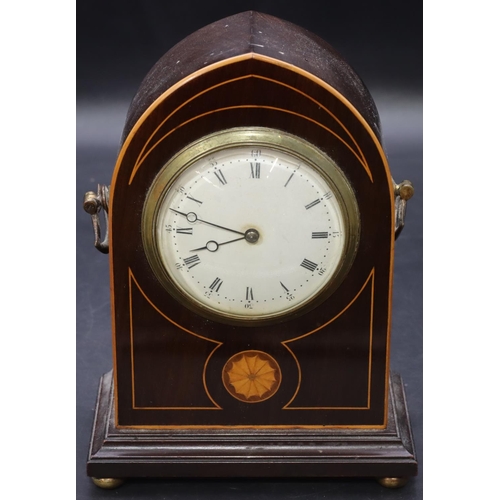 906 - An Edwardian mahogany time piece with inlaid shell motif and stringing, 2 brass carrying handles on ... 