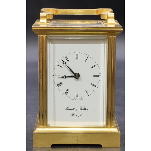 907 - Morrell & Hilton, Huntingdon, brass carriage clock with white enamel dial and swing overhead handle ... 