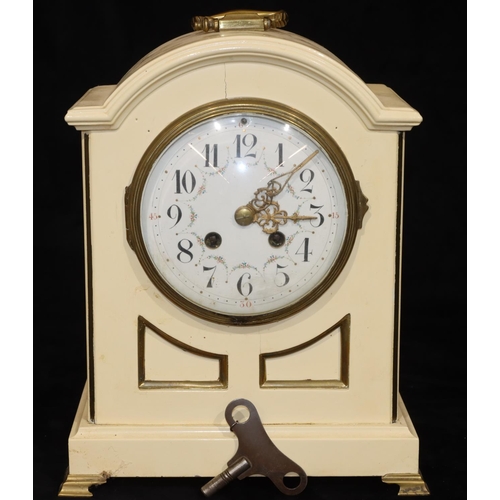 909 - J Marti, cream painted mantel clock with round white enamel dial and Arabic numerals, gilt carrying ... 