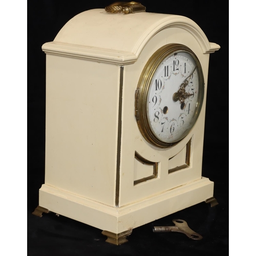 909 - J Marti, cream painted mantel clock with round white enamel dial and Arabic numerals, gilt carrying ... 