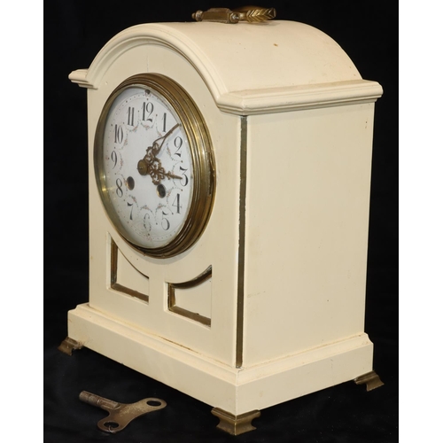 909 - J Marti, cream painted mantel clock with round white enamel dial and Arabic numerals, gilt carrying ... 