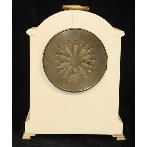 909 - J Marti, cream painted mantel clock with round white enamel dial and Arabic numerals, gilt carrying ... 