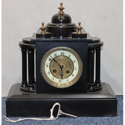 911 - Japy Freres black slate 8-day striking mantel clock with cream enamelled chapter ring, Corinthian co... 