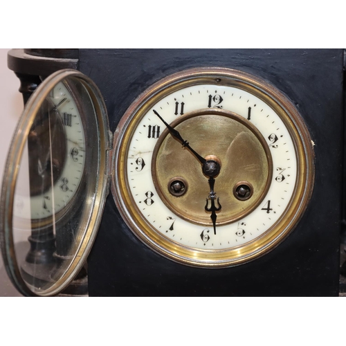 911 - Japy Freres black slate 8-day striking mantel clock with cream enamelled chapter ring, Corinthian co... 