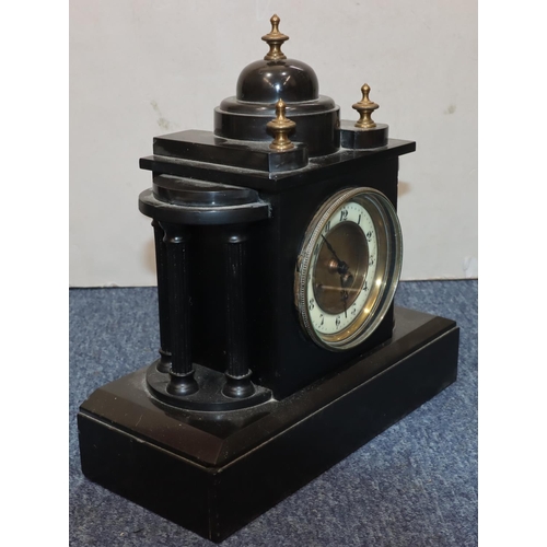 911 - Japy Freres black slate 8-day striking mantel clock with cream enamelled chapter ring, Corinthian co... 