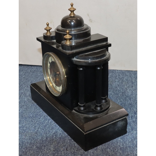 911 - Japy Freres black slate 8-day striking mantel clock with cream enamelled chapter ring, Corinthian co... 