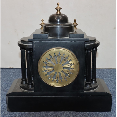 911 - Japy Freres black slate 8-day striking mantel clock with cream enamelled chapter ring, Corinthian co... 