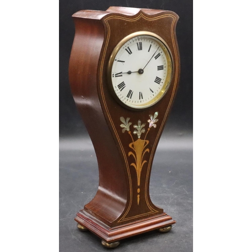 917 - An Edwardian mahogany timepiece with Mother of Pearl and satinwood inlaid floral, leaf and stringing... 