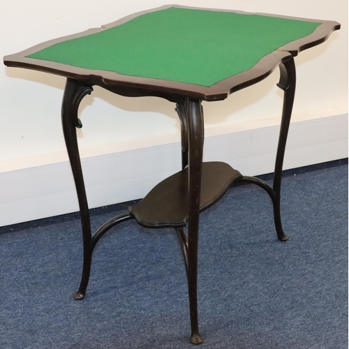 931 - A mahogany small rectangular scallop shaped swivel topped card table with green baize interior, on 4... 