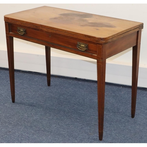 933 - A 19th Century mahogany tea table with inlaid stringing, 1 long drawer, on square tapering legs, 97c... 