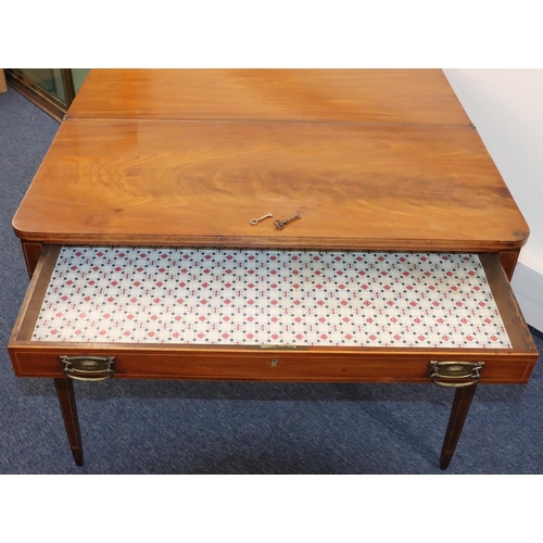 933 - A 19th Century mahogany tea table with inlaid stringing, 1 long drawer, on square tapering legs, 97c... 