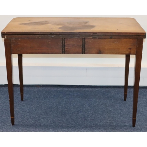 933 - A 19th Century mahogany tea table with inlaid stringing, 1 long drawer, on square tapering legs, 97c... 