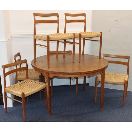 935 - A Danish teak dining room suite, comprising of a set of 6 single chairs with natural paper cord wove... 