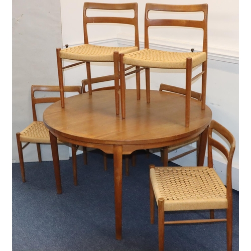 935 - A Danish teak dining room suite, comprising of a set of 6 single chairs with natural paper cord wove... 