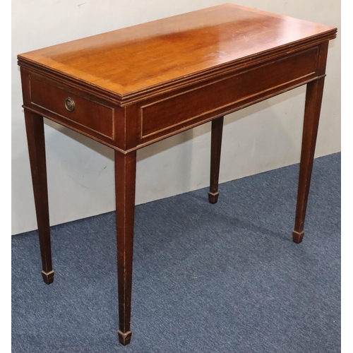 936 - A reproduction mahogany swivel top card table with banded rim, 2 end drawers on square tapering legs... 