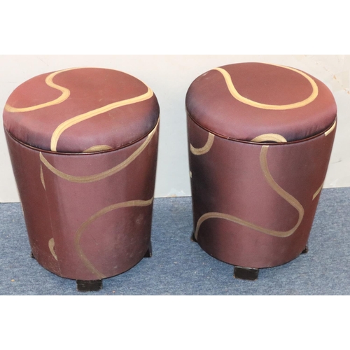 944 - A pair of small circular mauve upholstered stools (From Dorchester Hotel, Park Lane, London), 48cm h... 