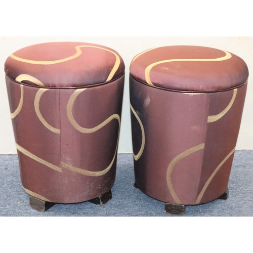 944 - A pair of small circular mauve upholstered stools (From Dorchester Hotel, Park Lane, London), 48cm h... 