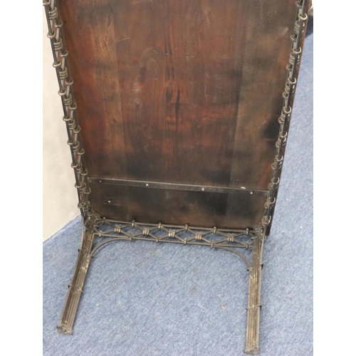 947 - A heavy wrought iron and mahogany topped rectangular shaped coffee table with pierced frieze on squa... 