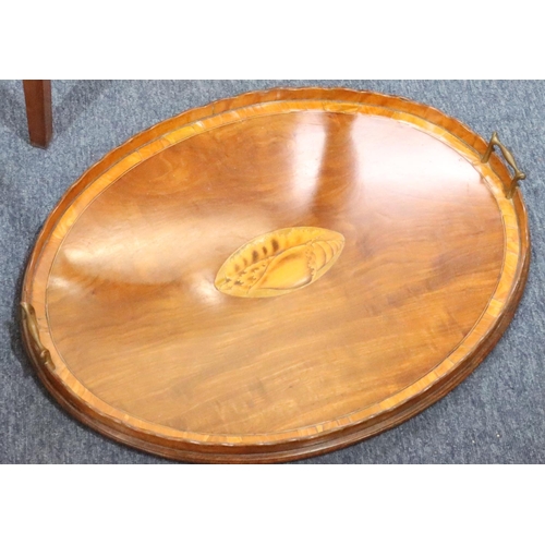 956 - A 19th Century mahogany oval 2-handled tray and stand with inlaid centre shell motif, banded rim and... 