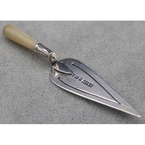 357 - A Birmingham silver bookmark in the form of a trowel with Mother of Pearl handle