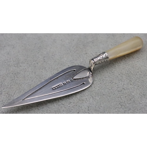 357 - A Birmingham silver bookmark in the form of a trowel with Mother of Pearl handle