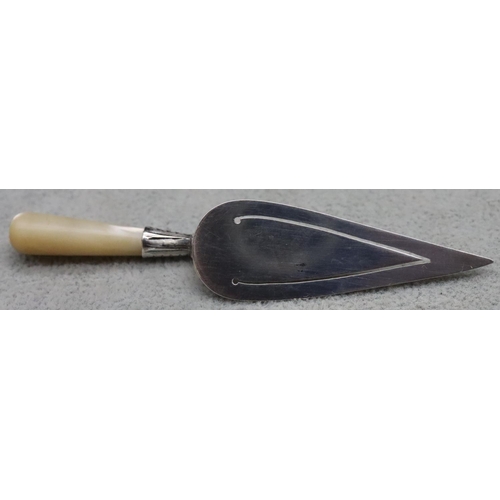 357 - A Birmingham silver bookmark in the form of a trowel with Mother of Pearl handle